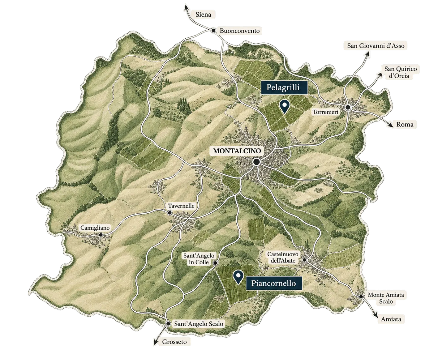 Mappa acquerellata dei vigneti di Montalcino